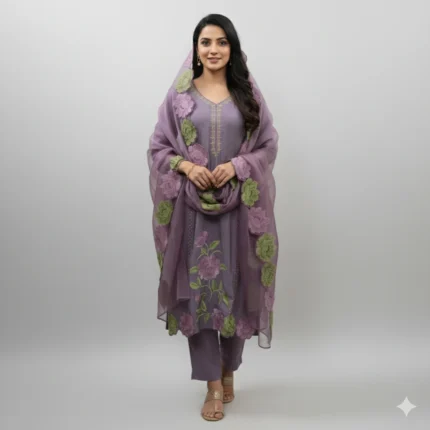 Lavender Bloom 3D Embroidered Suit Set